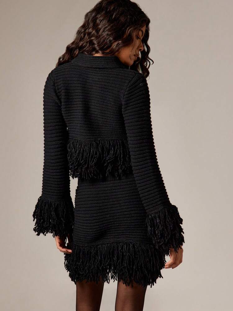 Chunky Knit Fringe Crop Sweater With Mini Skirt