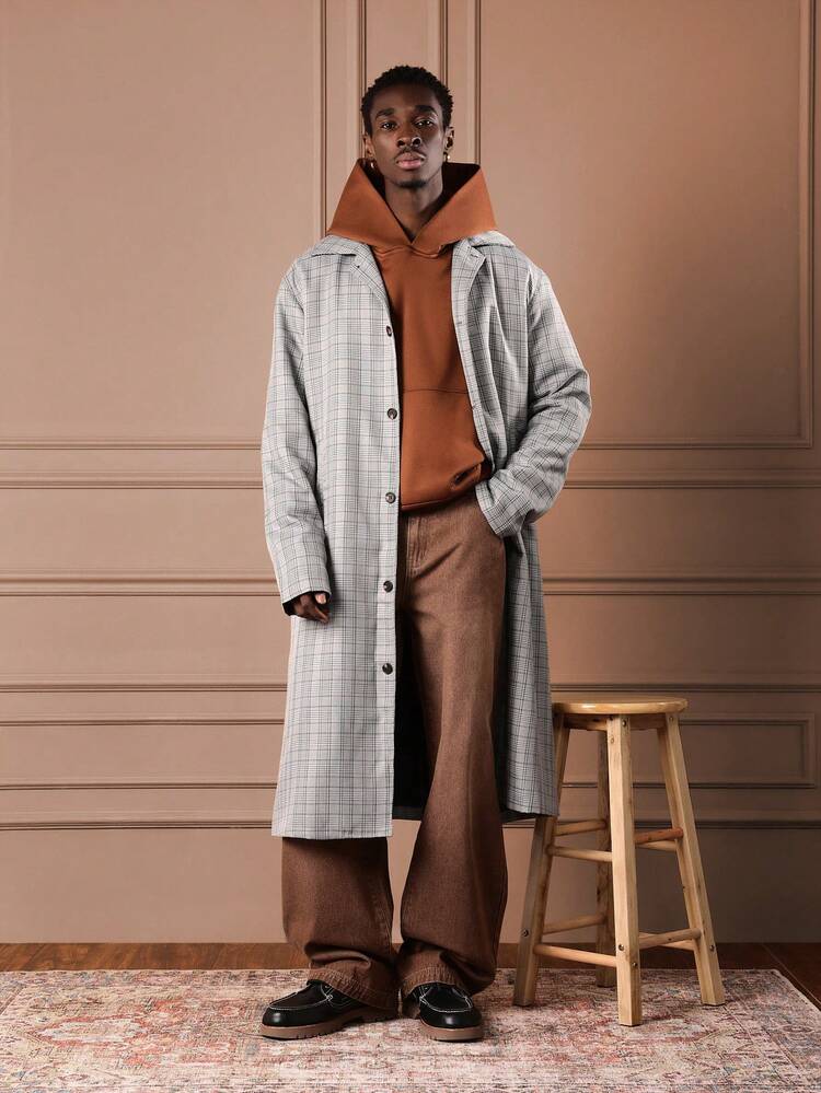 Long Checkered Overcoat With Button Closure