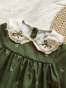 Vintaside Kids 年轻女孩优雅可爱彼得潘领蕾丝拼布蝴蝶结刺绣花卉长袖连衣裙，适合学校、休闲、公园、校园风格、可爱风格、户外活动、返校 - 綠色 - 查看 4