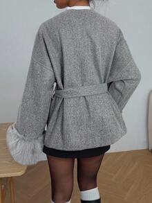 SHEIN EZwear 女士纯色交叉裹身系带长袖大衣，秋冬灰色外套灰色开衫 - 灰色 - 查看 2