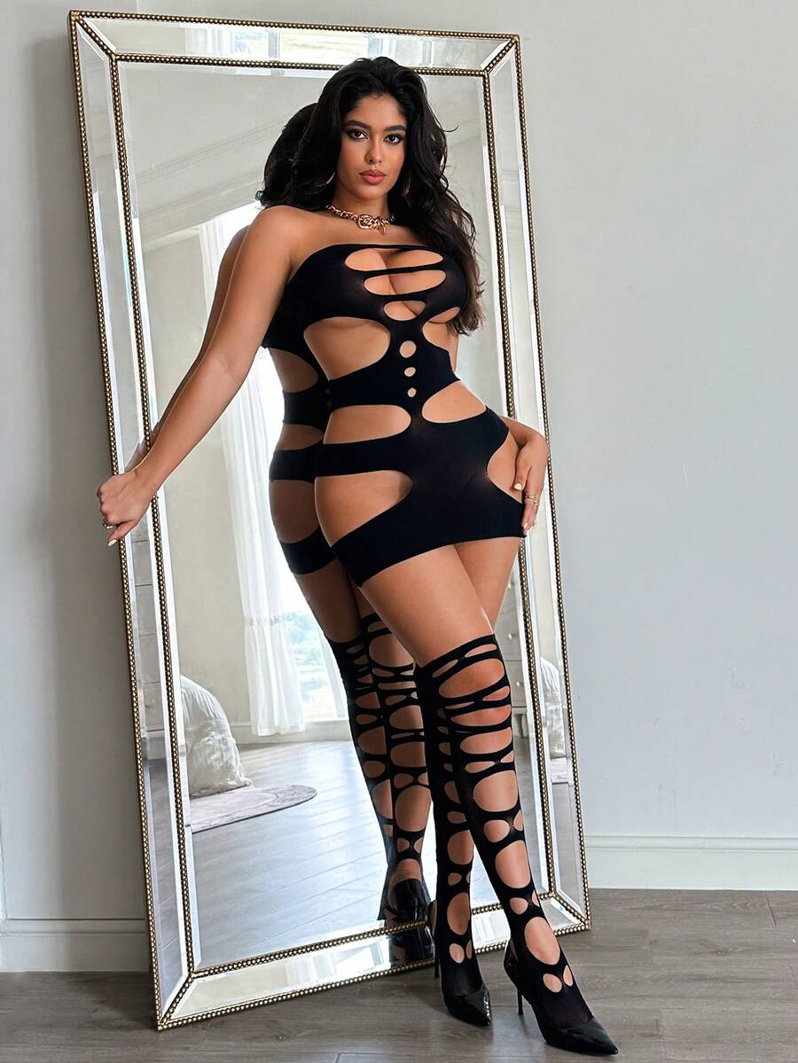 3pcs Women's Mature Hollow-Out Sexy Lingerie Set - Black - View 1