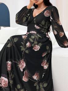 Modelyn Đầm ren chắp vá họa tiết hoa cổ chữ V tay đèn lồng thanh lịch cho nữ cỡ lớn - màu đen - Xem 1