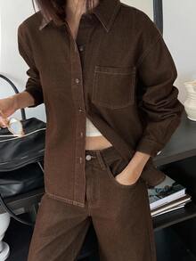 DAZY Women's Collared Long Sleeve Shirt And Loose Fit Pants 2 Pieces Casual Denim Suit