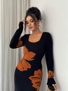 Elenzga Elegant Square Neck Jacquard Knit Bodycon Dress, Autumn/Winter - Brown - View 3