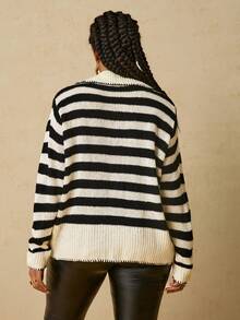 SHEIN VCAY Plus Size Striped Pattern Twist Front Casual Long Sleeve Cardigan/Winter - Black and White - View 4