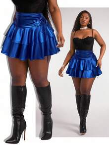 Radiana 大码女式休闲街头时尚弹力PU涂层面料抽绳腰荷叶边性感迷你裙，适合日常穿着、音乐节、演唱会、狂欢派对、海滩度假、约会之夜、生日、单身派对、夜店等场合，可爱休闲，购物街头风，易于搭配，显瘦，凸显身材，修饰身形。 - 寶藍色 - 查看 1