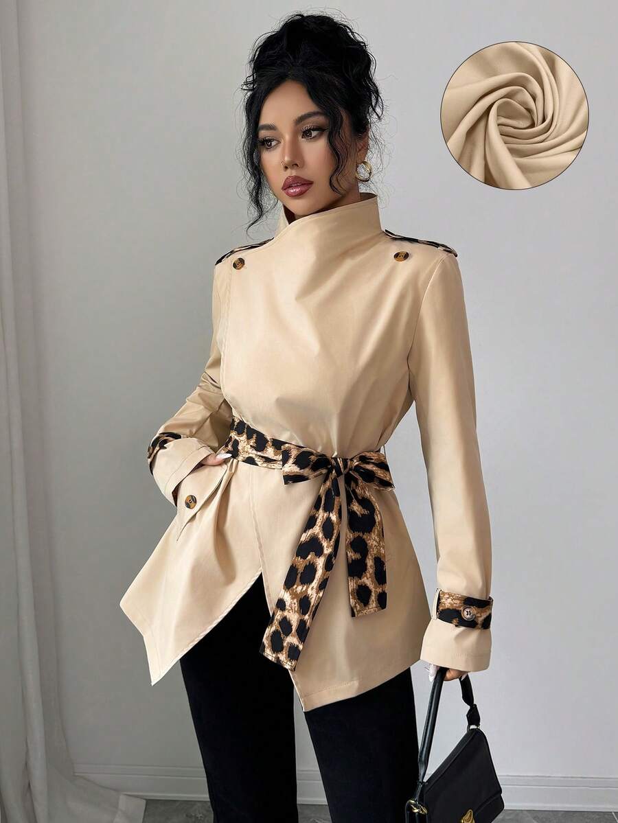 Selianne 女款優雅米色秋季辦公風風衣,長袖拼接豹紋印花腰帶收腰對比色時尚通勤休閒夾克 - 卡其色 - 查看 1
