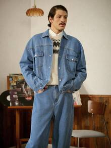 RivetRise Men's Blue Autumn Streetwear City Break Denim Jacket And Pants Set,Casual Single-Breasted Long Sleeve OVERSIZE Vintage Washed Urban Cargo Overalls - Blue - View 3