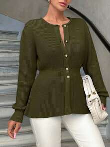 EURMUSE Knitwear Peplum Hem Cardigan With Fancy Buttons - Army Green - View 3
