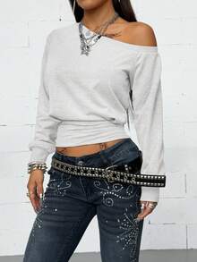 Coolane Women's Winter Clothes Streetwear Going Out Minimalist Daily Wear Essentials Fashion Asymmetrical Neck Grey Fitted Sweatshirt - Light Grey - View 6