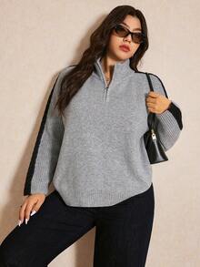 Elaquor Plus Size Color Block High Neck Half Zip Casual Long Sleeve Pullover Sweater/Winter - Grey - View 5