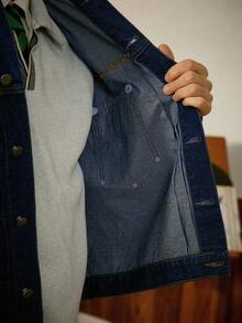 RivetRise 男士休闲做旧褶皱宽松蓝色牛仔长袖夹克，街头风超大口袋蓝色都市学院风工装夹克，男女皆宜 - 深色水洗藍 - 查看 6