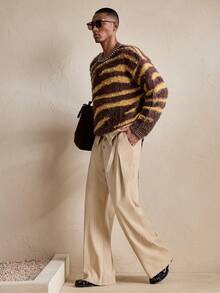 AKNOTIC Men Embroidered Foldable Waistband Button Pocket Casual Striped Pants, Streetwear - Coffee Brown - View 7