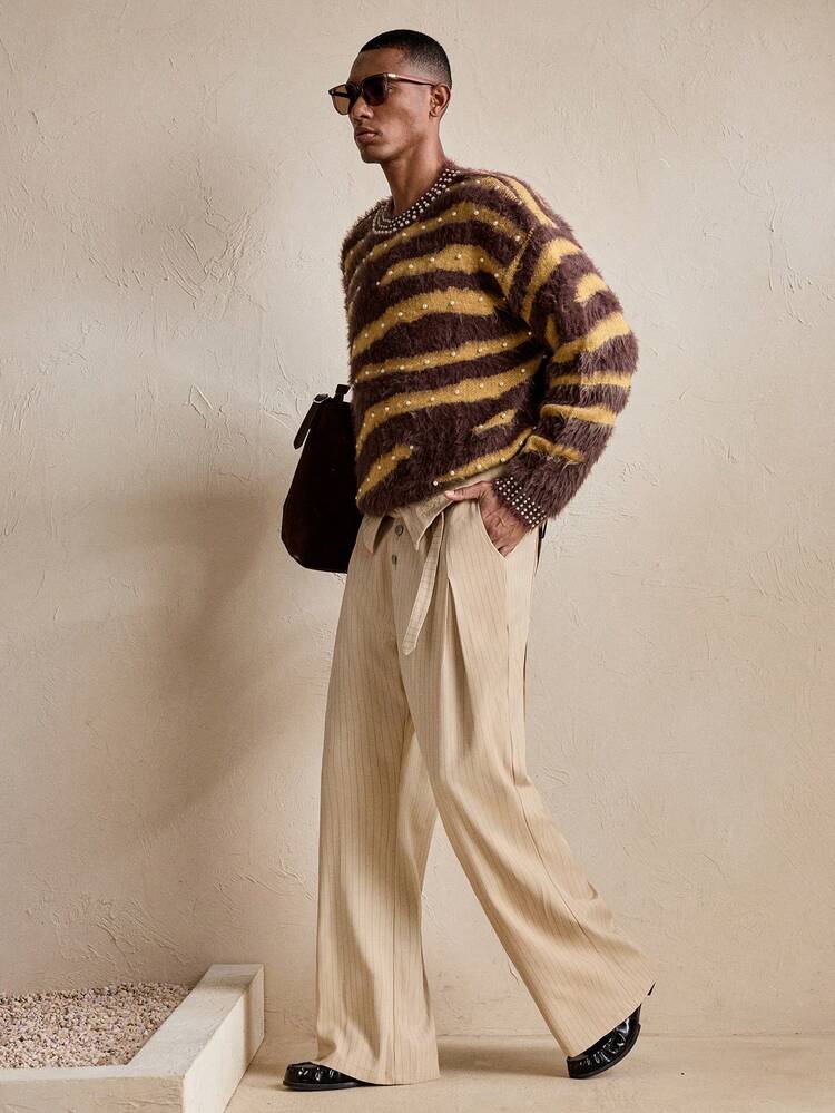 Embroidered Foldable Waistband Button Pocket Casual Striped Flare Pants