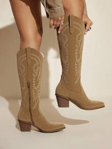 Daringsoles 女士尖头银色一脚蹬靴，保暖靴，刺绣西部靴，牛仔靴，秋冬 - 卡其色 - 查看 10