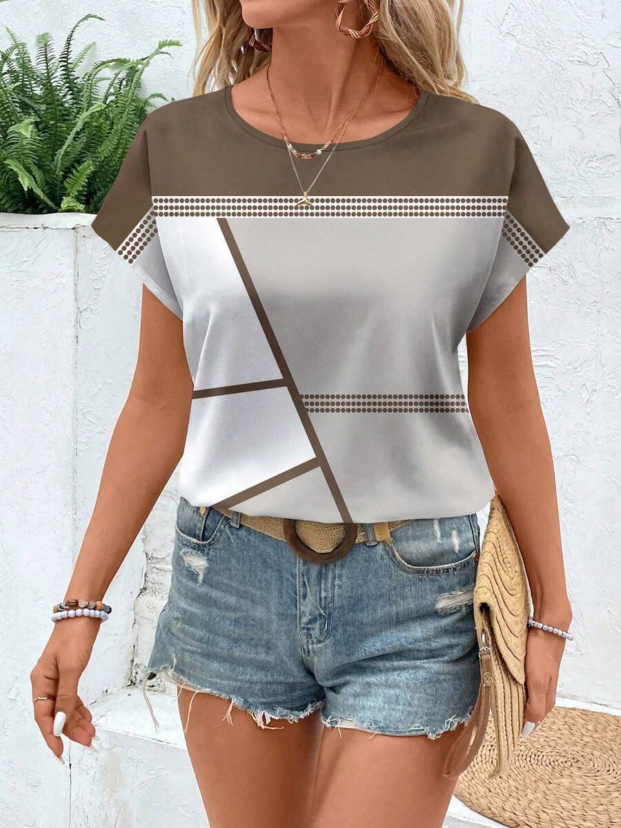 EMERY ROSE 休闲简约条纹拼布图案女式圆领短袖衬衫，适合秋夏季 - 彩色 - 查看 1