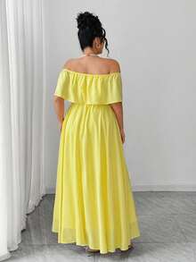 SHEIN PETITE CURVE Plus Size Women's Elegant Modest Formal Butter Yellow Summer Off-Shoulder Poncho Maxi Dress,High Slit Fishtail Hem Party Teacher Outfit - Yellow - View 2