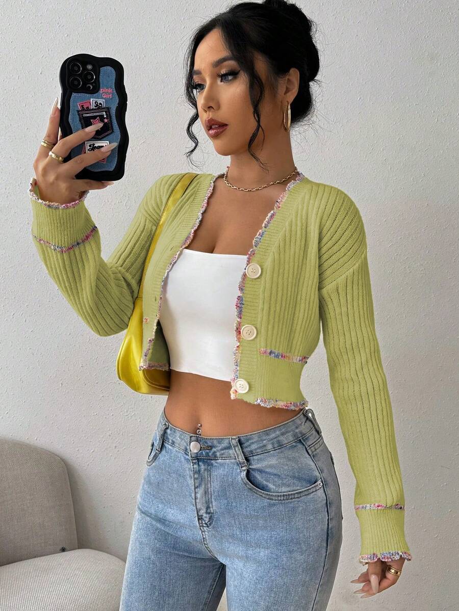 Chiquease Women's Elegant Contrast Trim Cropped Cardigan - Green - View 1