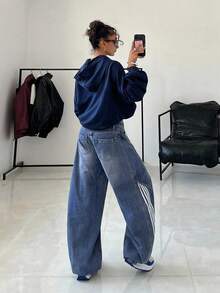 SHEIN Tall Women's Striped Belt Loop Loose Fit Jeans - Blue - View 5