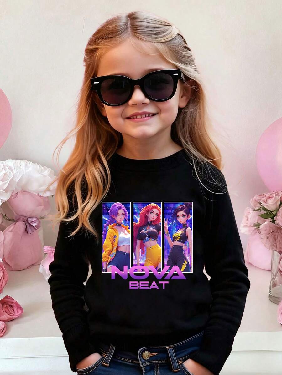 SHEIN Explorewe 女孩休闲可爱卡通韩国流行动漫女孩图案印花黑色圆领长袖 T 恤，适合秋冬季服装 - 黑色 - 查看 1