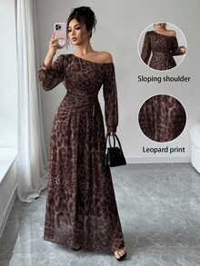 Rafferiza Women's Elegant Leopard Print Brown Checkered Mesh Asymmetrical Shoulder Long Dress,Autumn Date Wedding Guest Homecoming Party Ruched A-Line Gown - Coffee - View 7