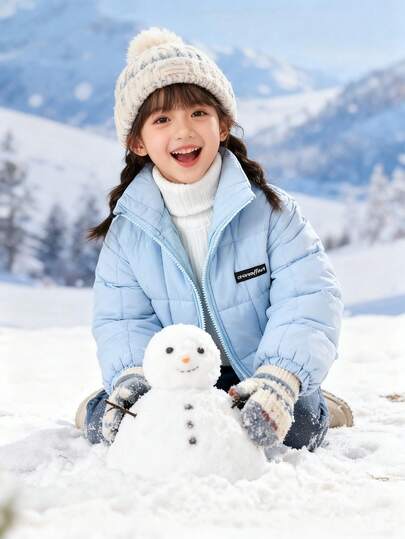 Young Girl' Retro American Style Short Padded Padded Coat, Blue Fall Winter