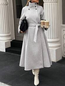 Xyvia 秋冬女装休闲高领纽扣腰带中长款毛呢大衣，老钱风女装/女士办公装/外出装，女士秋装 - 淺灰色 - 查看 3