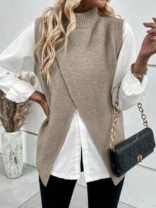 EMERY ROSE Women's Casual Solid Color Stand Collar Wrap Split Knit Vest, Autumn/Winter - Mocha Brown - View 6