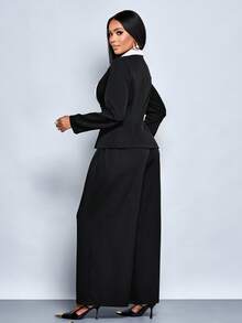 SOLERSUN Traje de dos piezas de chaqueta y pantalones holgados de estilo casual diario para mujer, con contraste elegante y delgado de negro y blanco, de manga larga y doble botonadura, para otoño e invierno