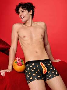 Notgurli Men's Funny Cartoon Sausage & Hot Dog Print Colorblock Casual Comfortable Boxer Briefs - Black - View 7
