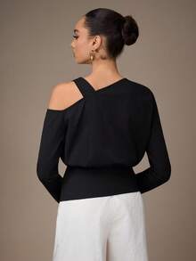 NOVVYNE Áo cánh dài tay xẻ tà cổ bất đối xứng màu trơn dành cho nữ - màu đen - Xem 2