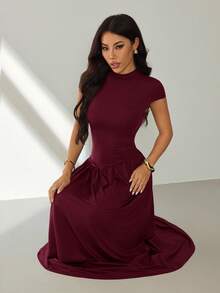 SHEIN PETITE 女式纯色立领长袖连衣裙 - 中紫紅色 - 查看 7