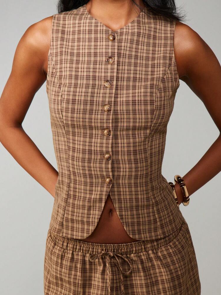 MISSGUIDED Plaid Two Piece Coordinated Set Button Front Vest With Wide Leg Palazzo Pants Fall Business Casual Outfit