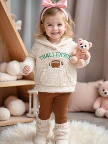 SHEIN Babygirl 可爱毛绒字母印花连帽衫和裤子套装，秋冬 - 米色 - 查看 1