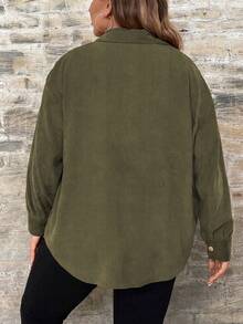 SHEIN PETITE CURVE Plus Size Solid Button Front Shirt, Autumn Fabric - Army Green - View 2