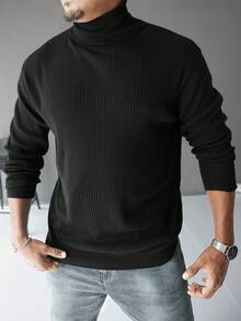 Manfinity LEGND Jersey de cuello alto casual de unicolor para hombres de talla grande, otoño/invierno - Negro - Ver 4
