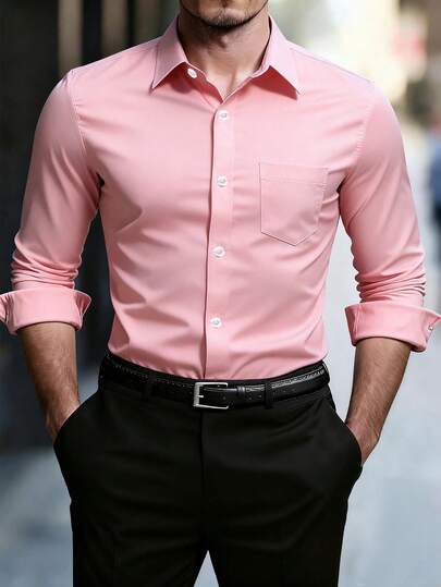 Manfinity Mode 男士纯色口袋休闲长袖衬衫，秋季，淡粉色男士衬衫，粉色商务休闲衬衫，粉色正装衬衫，男士粉色优雅衬衫，适合秋季