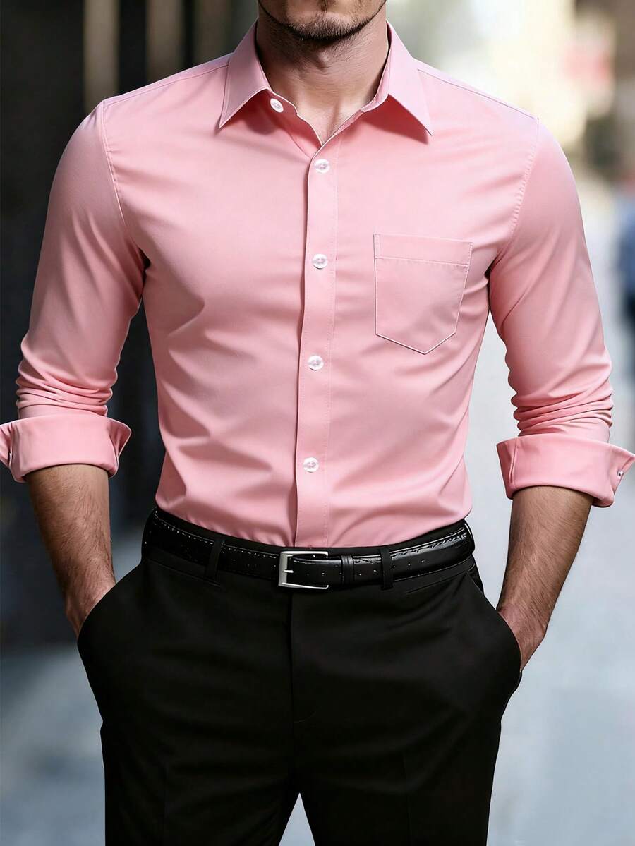 Manfinity Mode 男士纯色口袋休闲长袖衬衫，秋季，淡粉色男士衬衫，粉色商务休闲衬衫，粉色正装衬衫，男士粉色优雅衬衫，适合秋季 - 粉色 - 查看 1
