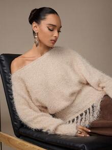 Modelyn Women's Off Shoulder Tassel Knit Sweater Top - Apricot - View 6