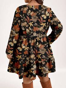 EMERY ROSE Plus Size Women Floral Print V-Neck Lantern Sleeve Ruffle Hem Casual Loose Dress - Multicolor - View 2