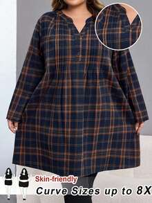 SHEIN CURVE+ 特大秋季女式前扣长袖格子休闲迷你连衣裙 - 彩色 - 查看 9