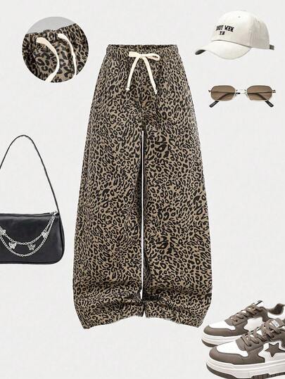 SHEIN Girlism Tween Girl Y2K American College Style Casual Leopard Print Loose High Waist Baggy Wide Leg Jeans With Bowknot Drawstring Waist, Fall Autumn Winter Streetwear, Back To School Homecoming, Christmas Halloween Costume, Cheetah Pants, Leopard Print Pants, Loose Pants