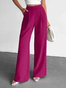 EURMUSE Pantaloni casual larghi a vita alta plissettati di colore unito per donna - Fucsia - Visualizzare 5
