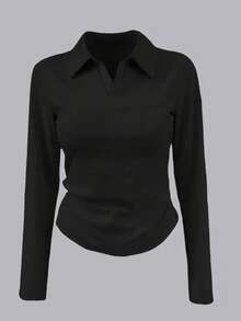 INAWLY 女士纯色长袖褶皱休闲T恤 - 黑色 - 查看 4