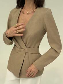 Aloruh Women's Solid Color Deep V-Neck Long Sleeve Pleated Waist Casual Blazer - Apricot - View 8