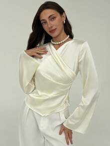 Aloruh Áo cánh nữ tay dài xếp ly xếp nếp màu mơ, kiểu dáng tối giản, phù hợp cho mùa thu/đông đi làm văn phòng - Màu be - Xem 3