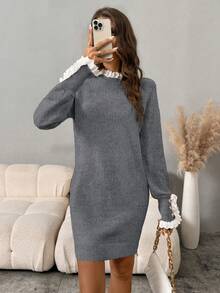 EMERY ROSE Women's Casual Ruffle Collar Raglan Sleeve Knit Sweater Dress, Autumn/Winter - Grey - View 6