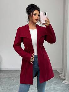 Elenzga Chaqueta delgada de mujer con manga larga y cordón, con solapa grande, para otoño/invierno - Burdeos - Ver 7