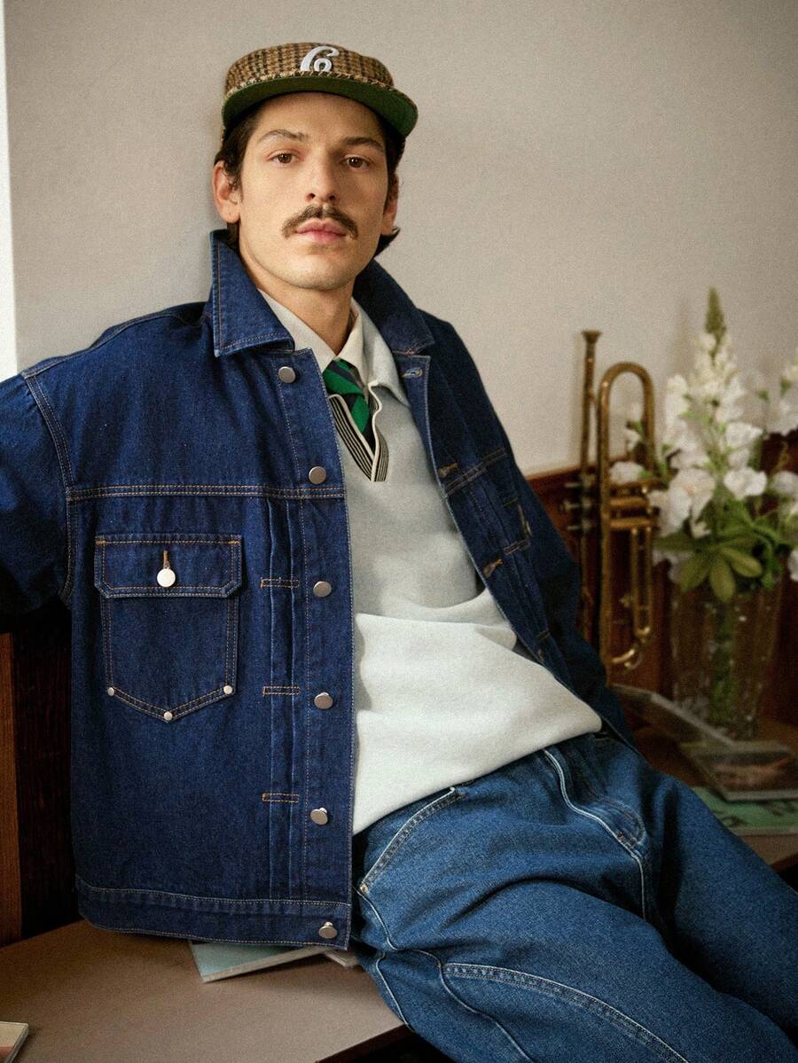 RivetRise 男士休闲做旧褶皱宽松蓝色牛仔长袖夹克，街头风超大口袋蓝色都市学院风工装夹克，男女皆宜 - 深色水洗藍 - 查看 1