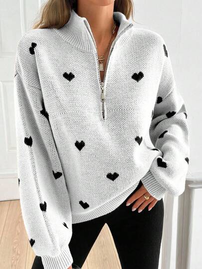 SHEIN Tall Tall Women Heart Pattern Zipper Detail Autumn Winter Casual Sweater